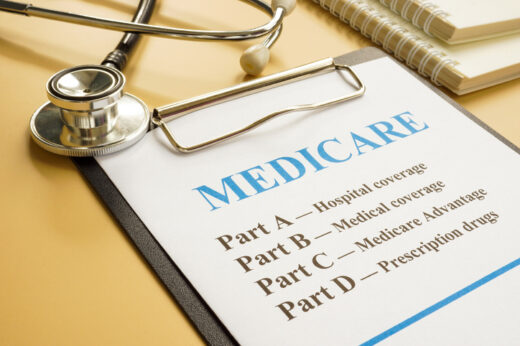 Clipboard labeled “Medicare” with a stethoscope and notes showing Parts A, B, C, and D coverage options — representing how to change Medicare plans during the Annual Election Period.